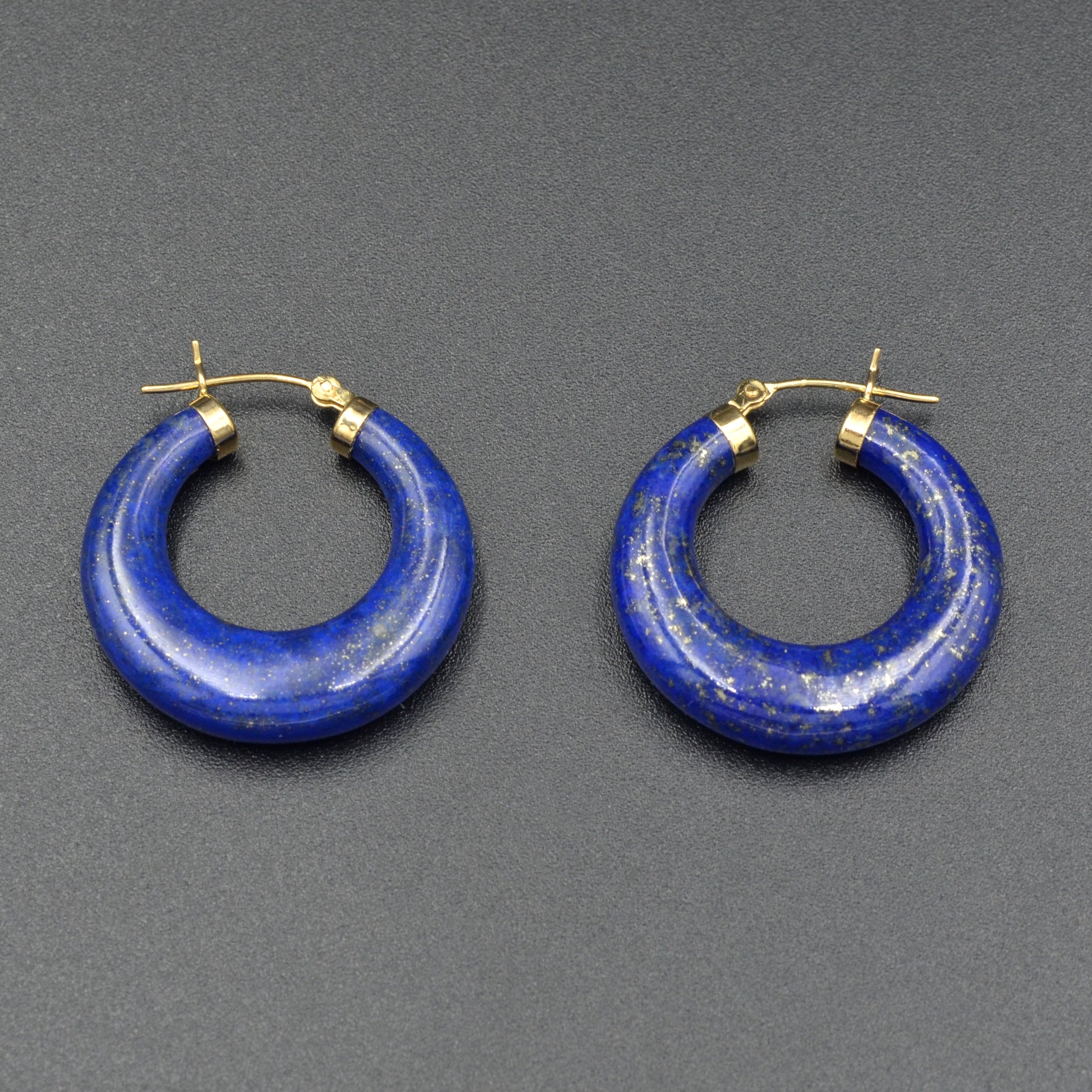 Vintage Lapis Lazuli and 14k Gold Carved Hoop Earrings