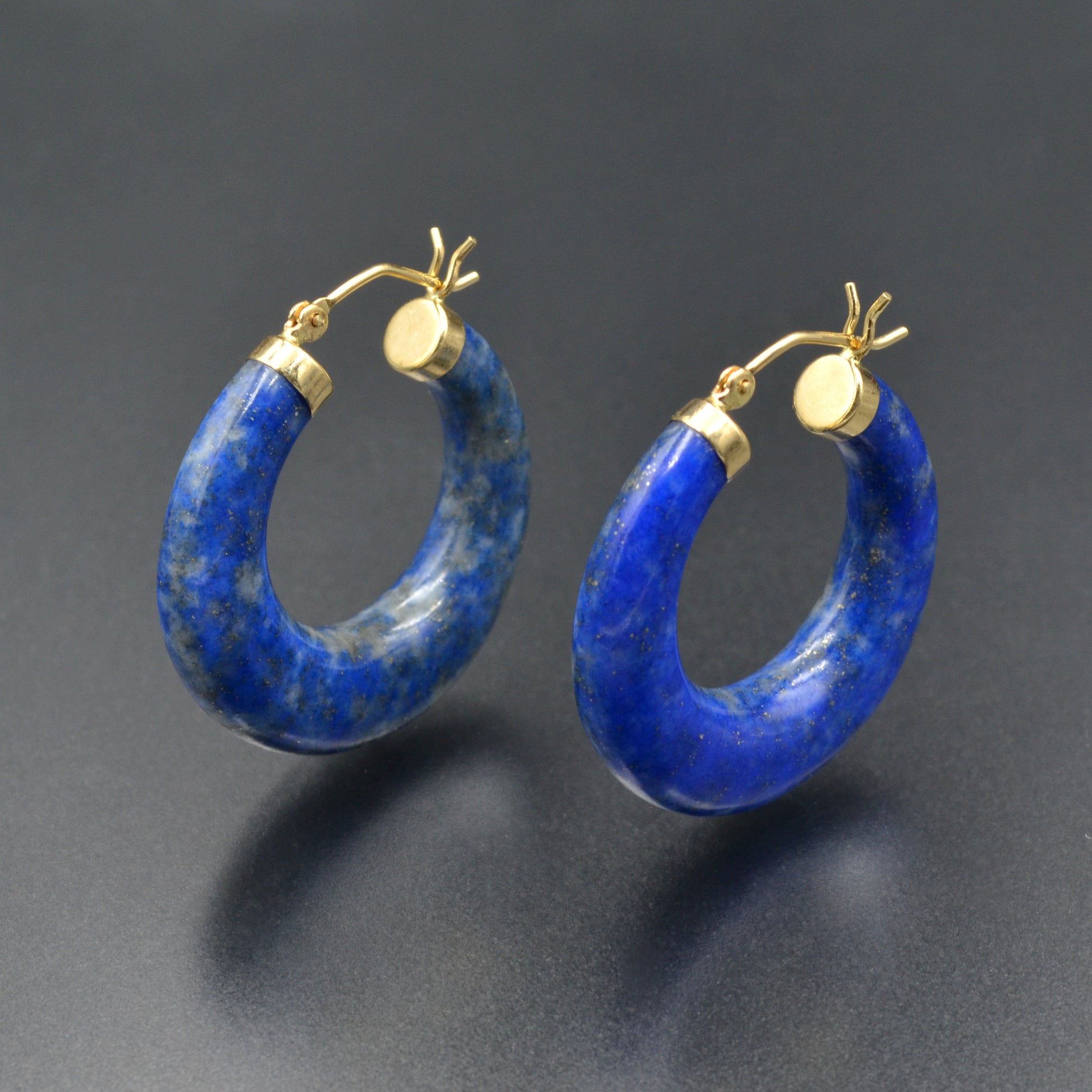 Vintage 14k Gold and Carved Lapis Lazuli Hoop Earrings