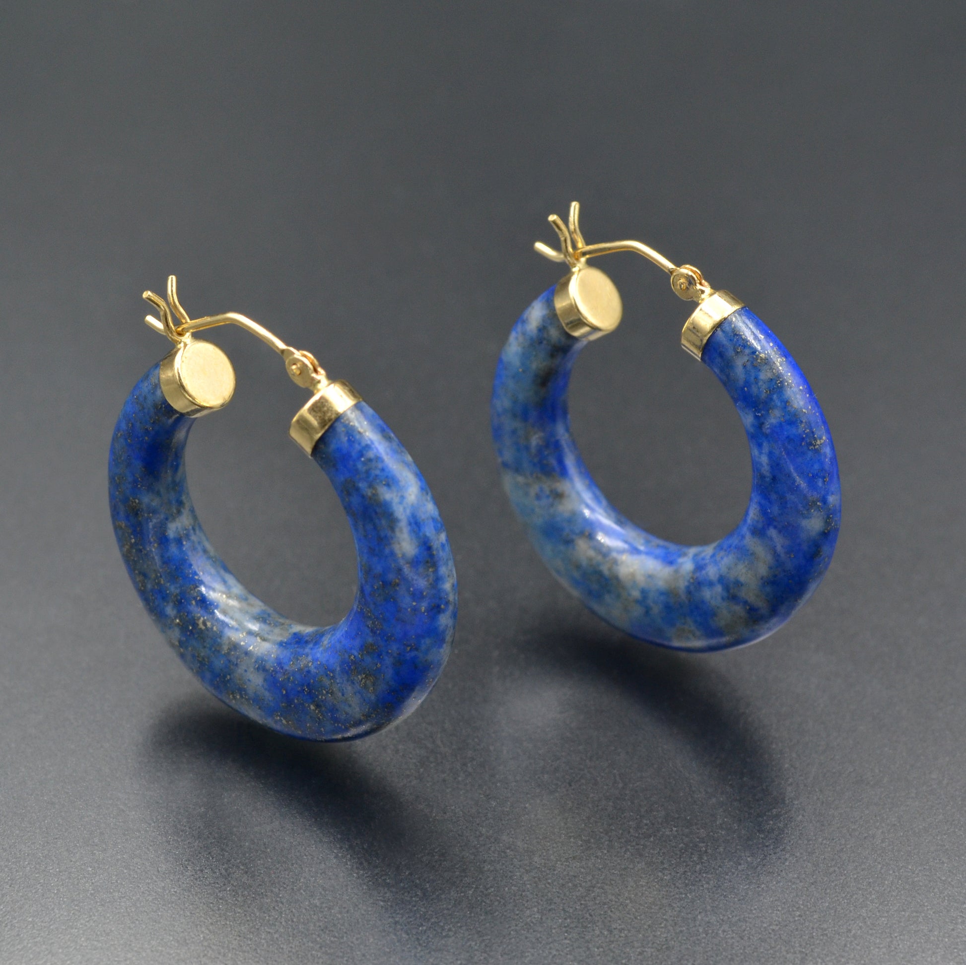 Vintage 14k Gold and Carved Lapis Lazuli Hoop Earrings