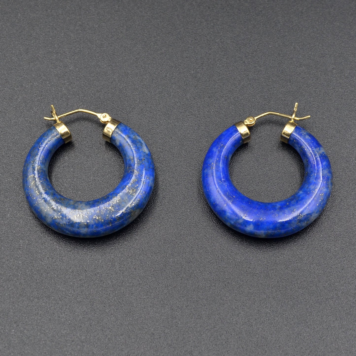 Vintage 14k Gold and Carved Lapis Lazuli Hoop Earrings