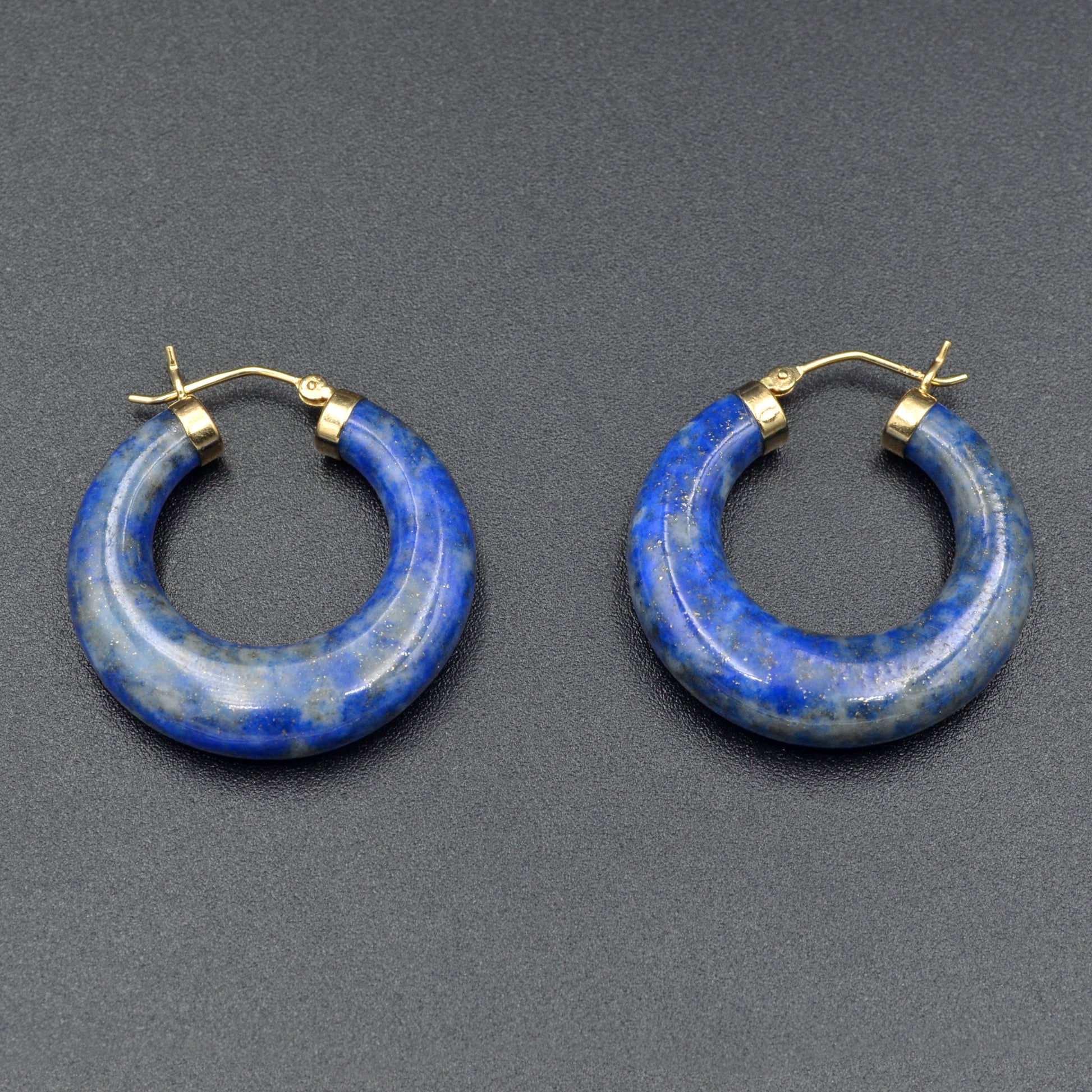 Vintage 14k Gold and Carved Lapis Lazuli Hoop Earrings