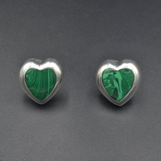 Malachite and Silver Heart Earrings