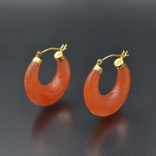 Vintage Chunky Orange Jade Hoop 14k Gold Earrings