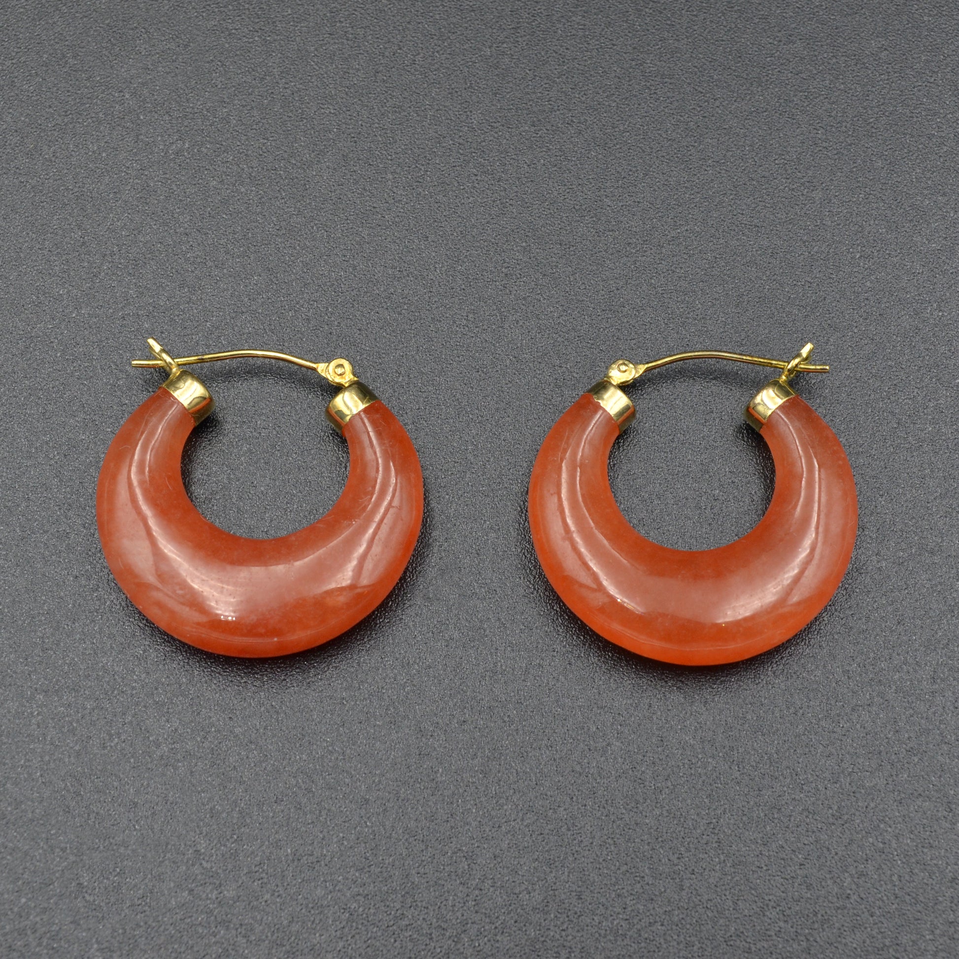 Vintage Chunky Orange Jade Hoop 14k Gold Earrings