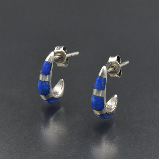 Vintage Lapis Lazuli and Sterling Silver Southwestern Hoop Earrings