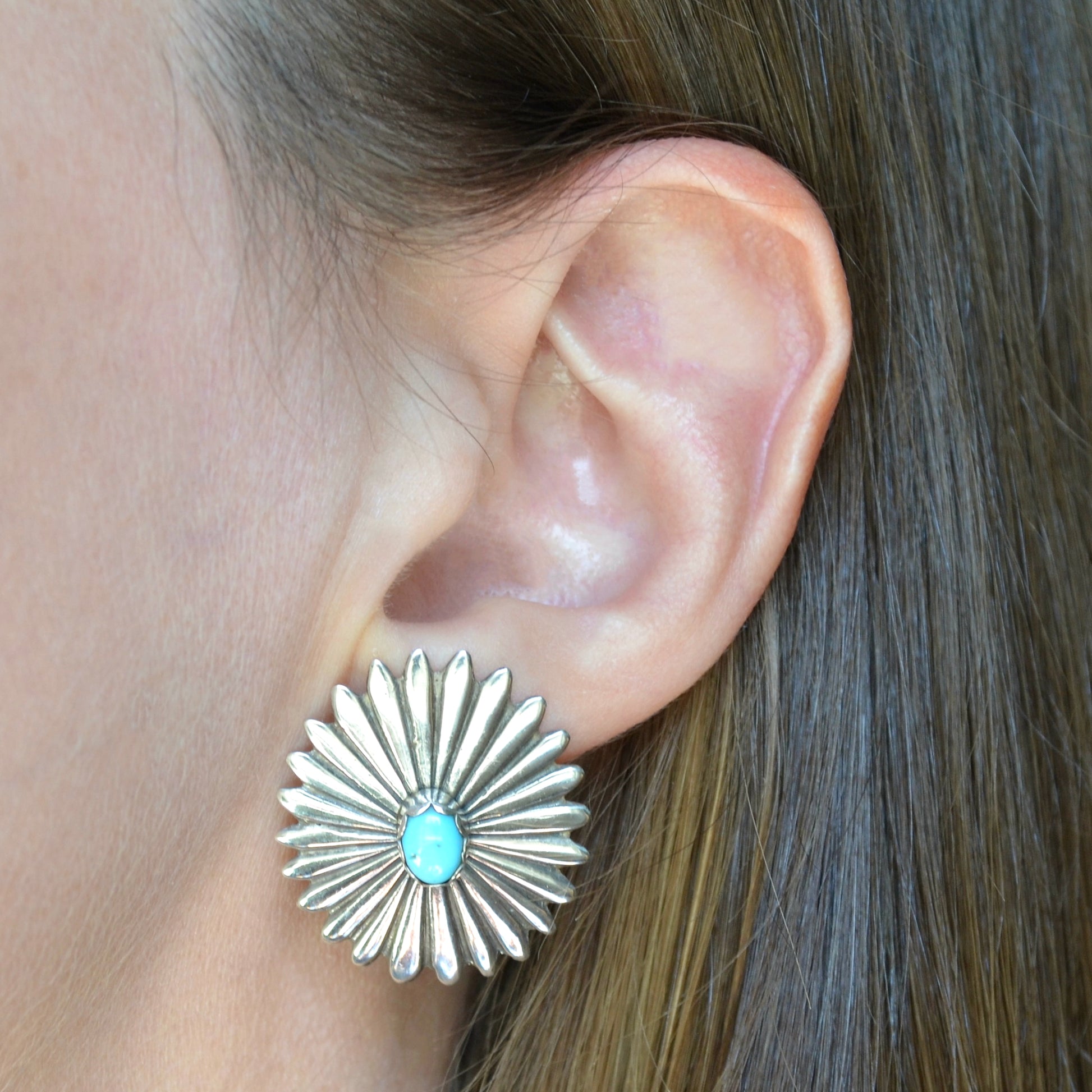 Vintage Turquoise and Sterling Silver Navajo Sunburst Earrings