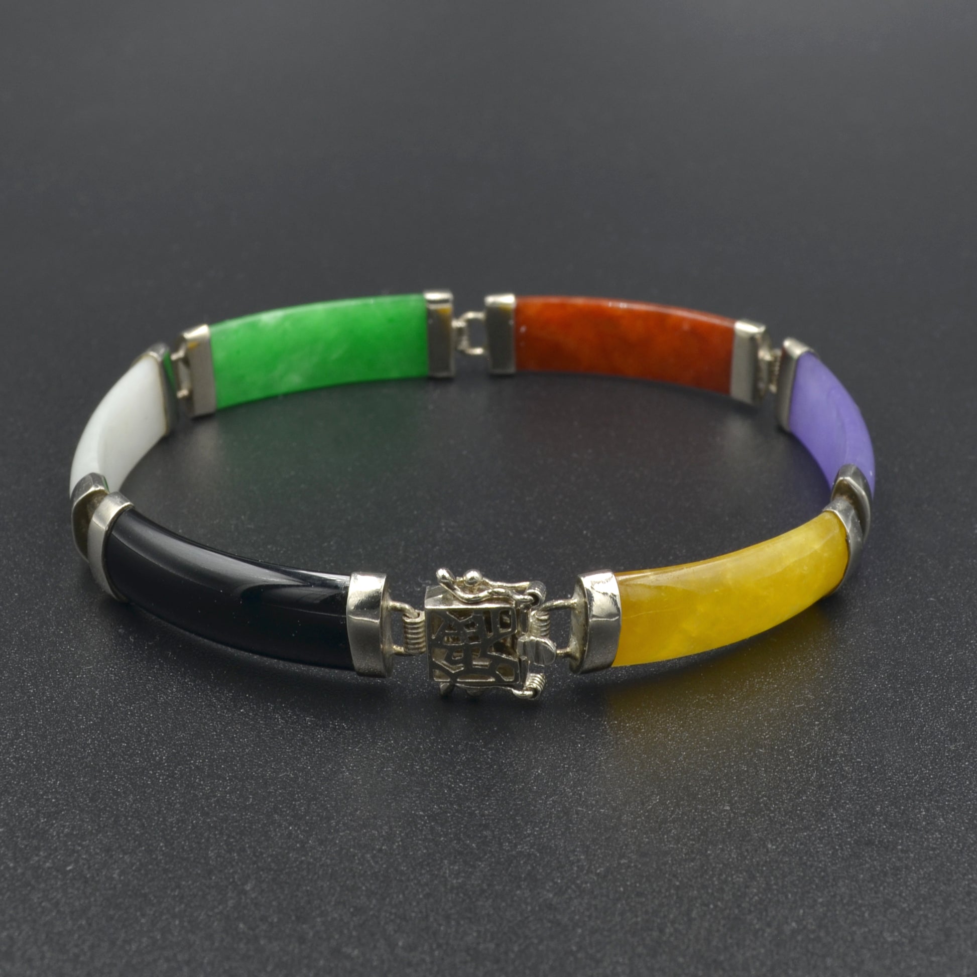 Vintage Multicolor Jade and Sterling Silver Bracelet