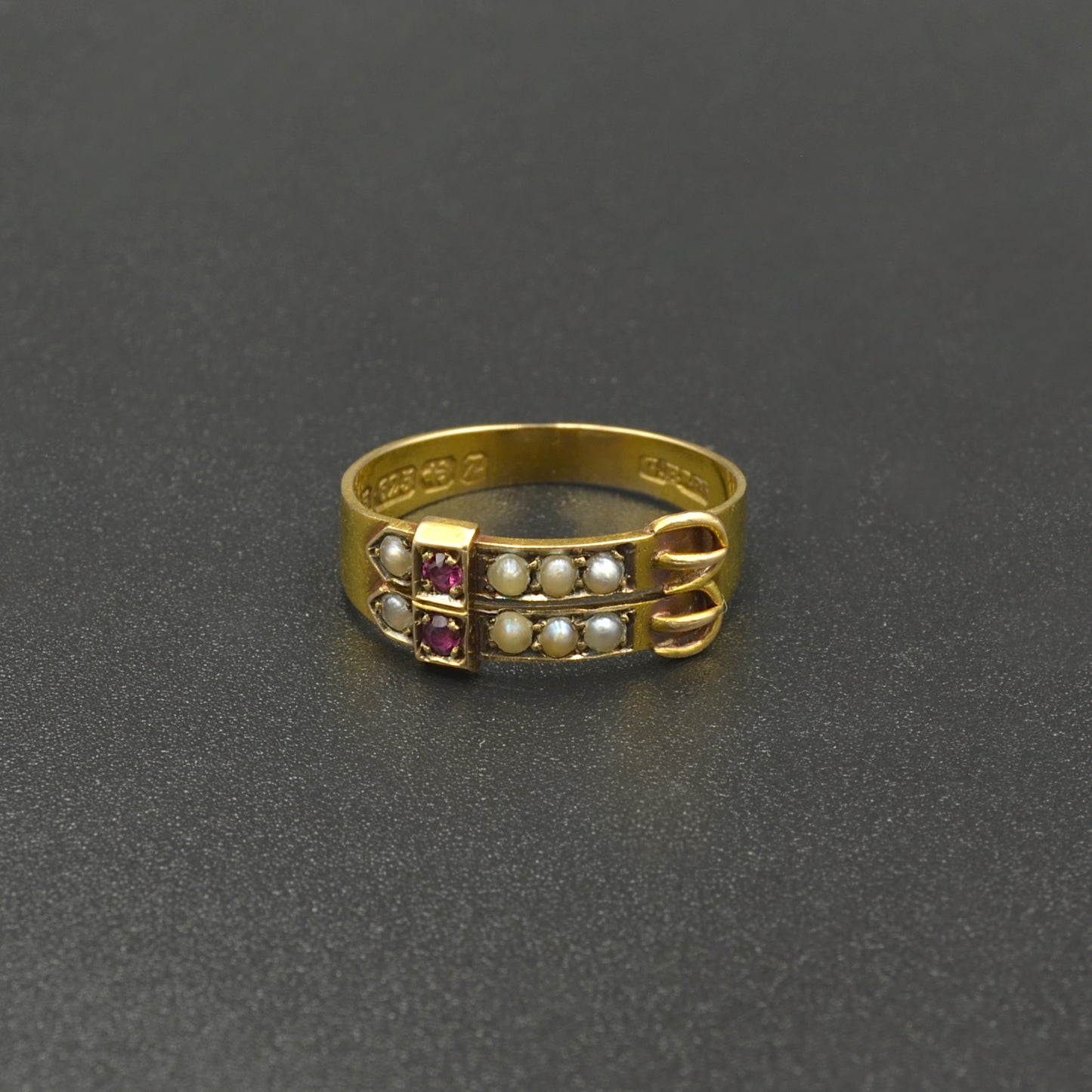 Victorian Ruby and Pearl Gold Buckle Ring