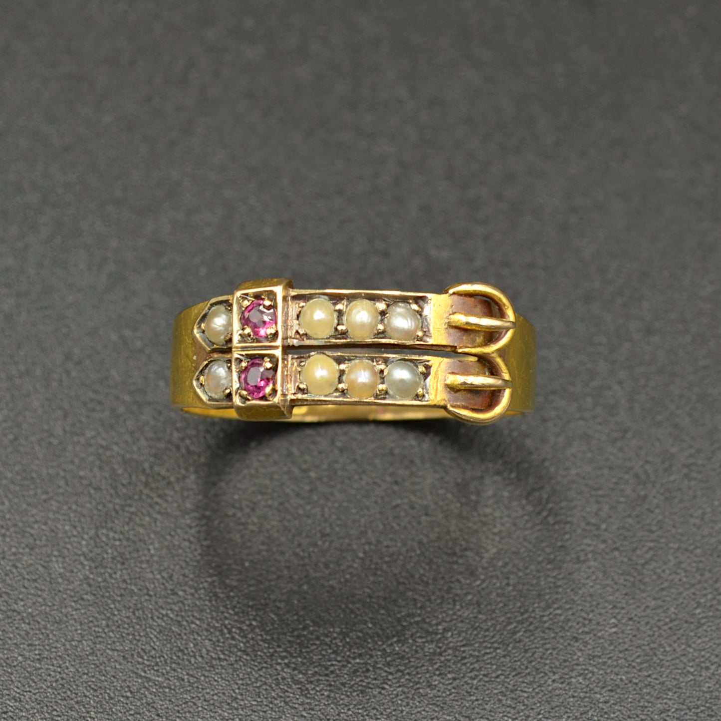 Victorian Ruby and Pearl Gold Buckle Ring