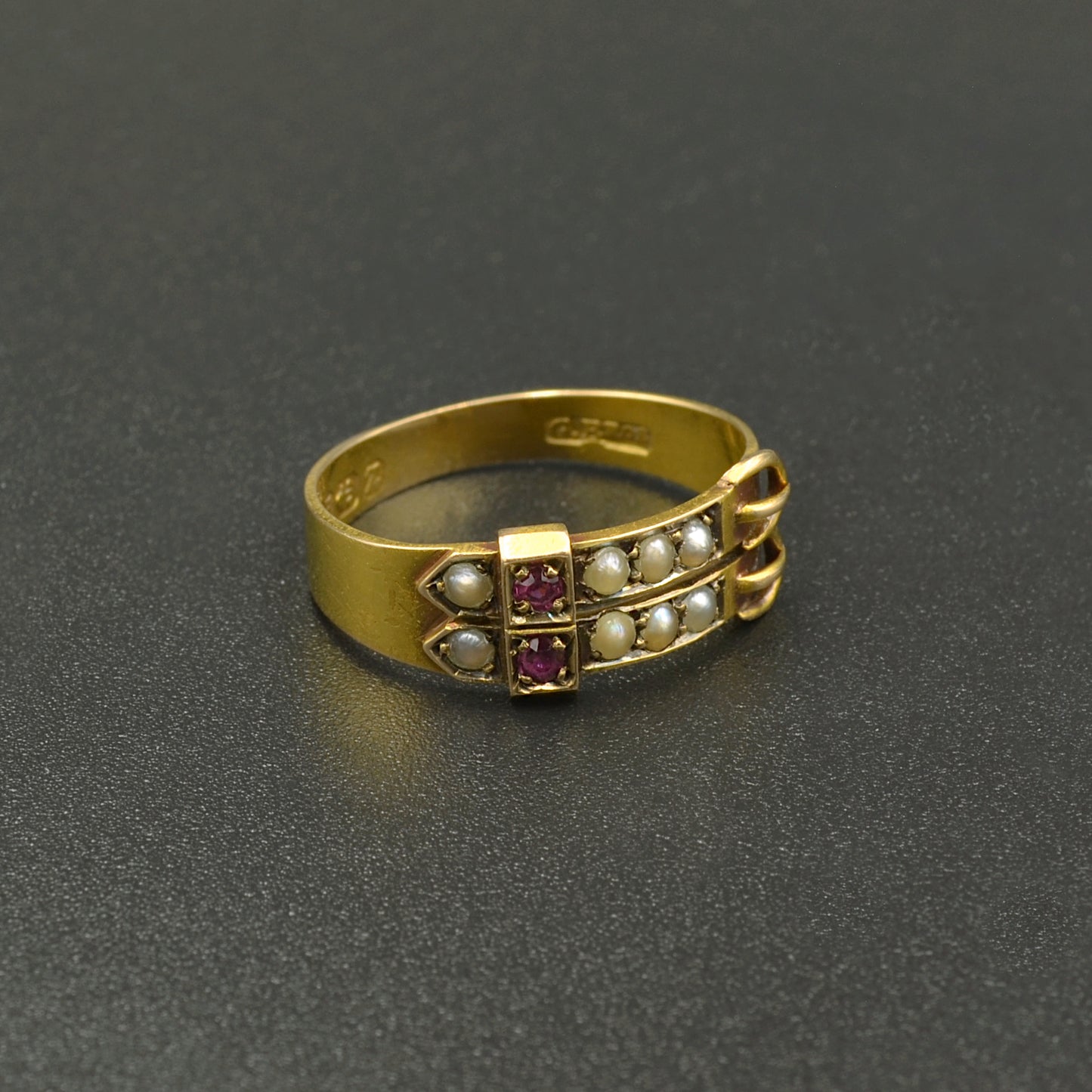 Victorian Ruby and Pearl Gold Buckle Ring