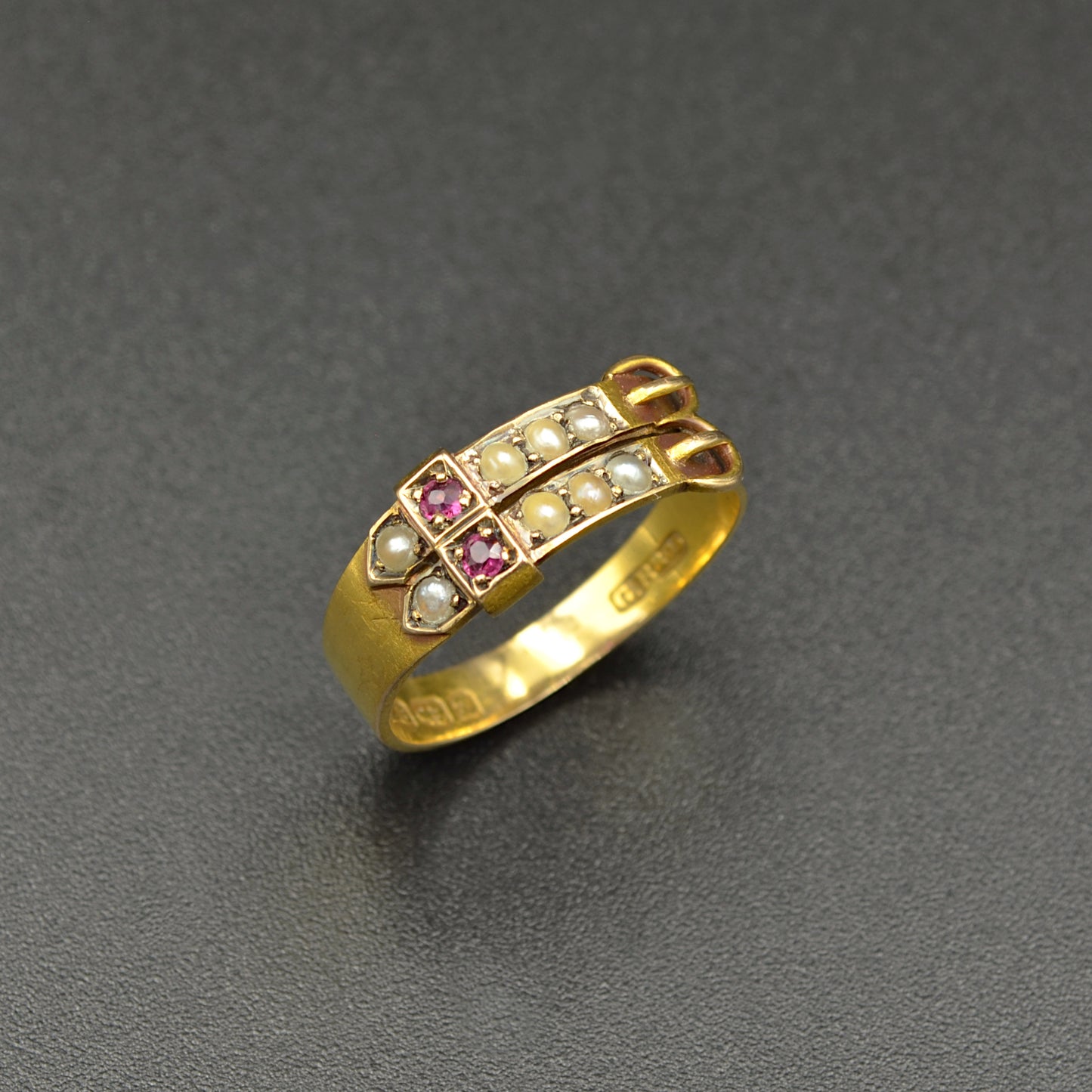 Victorian Ruby and Pearl Gold Buckle Ring