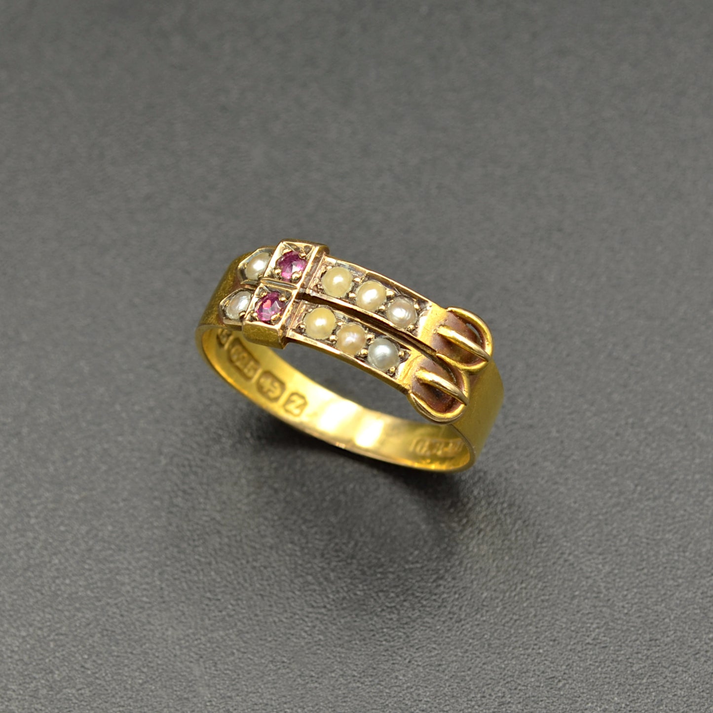 Victorian Ruby and Pearl Gold Buckle Ring