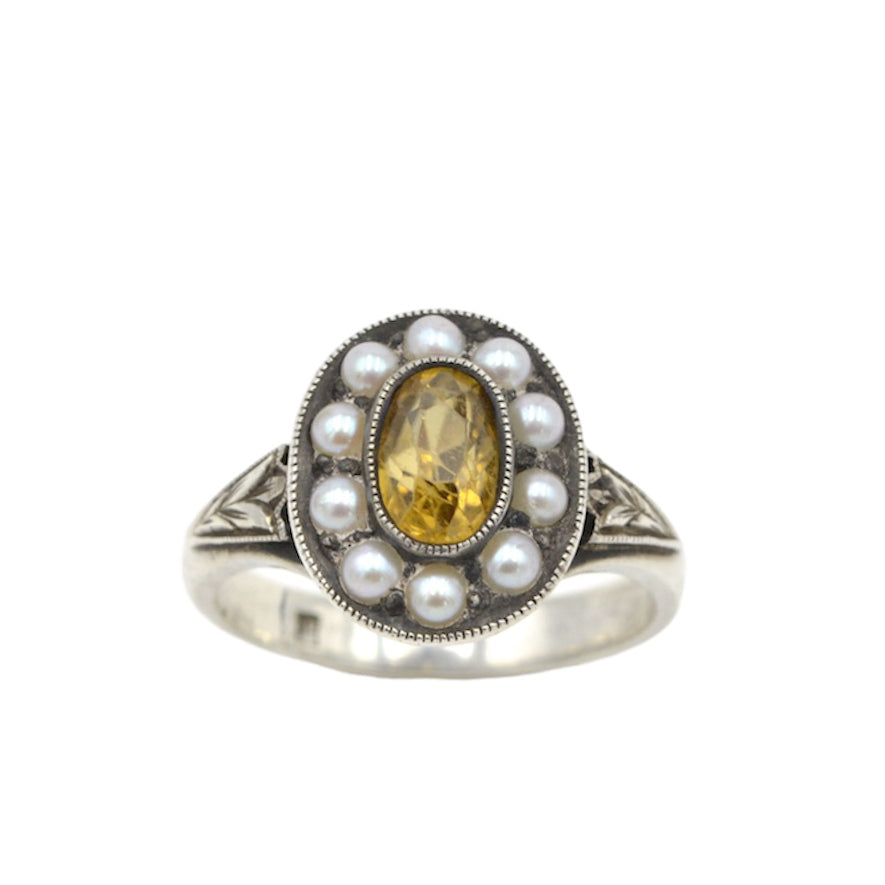 Vintage Yellow Zircon, Pearl and Silver Ring