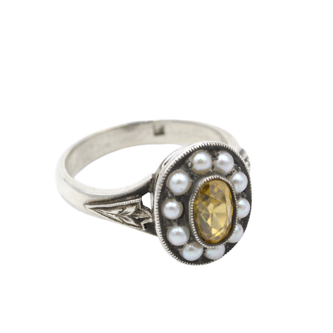 Vintage Yellow Zircon, Pearl and Silver Ring