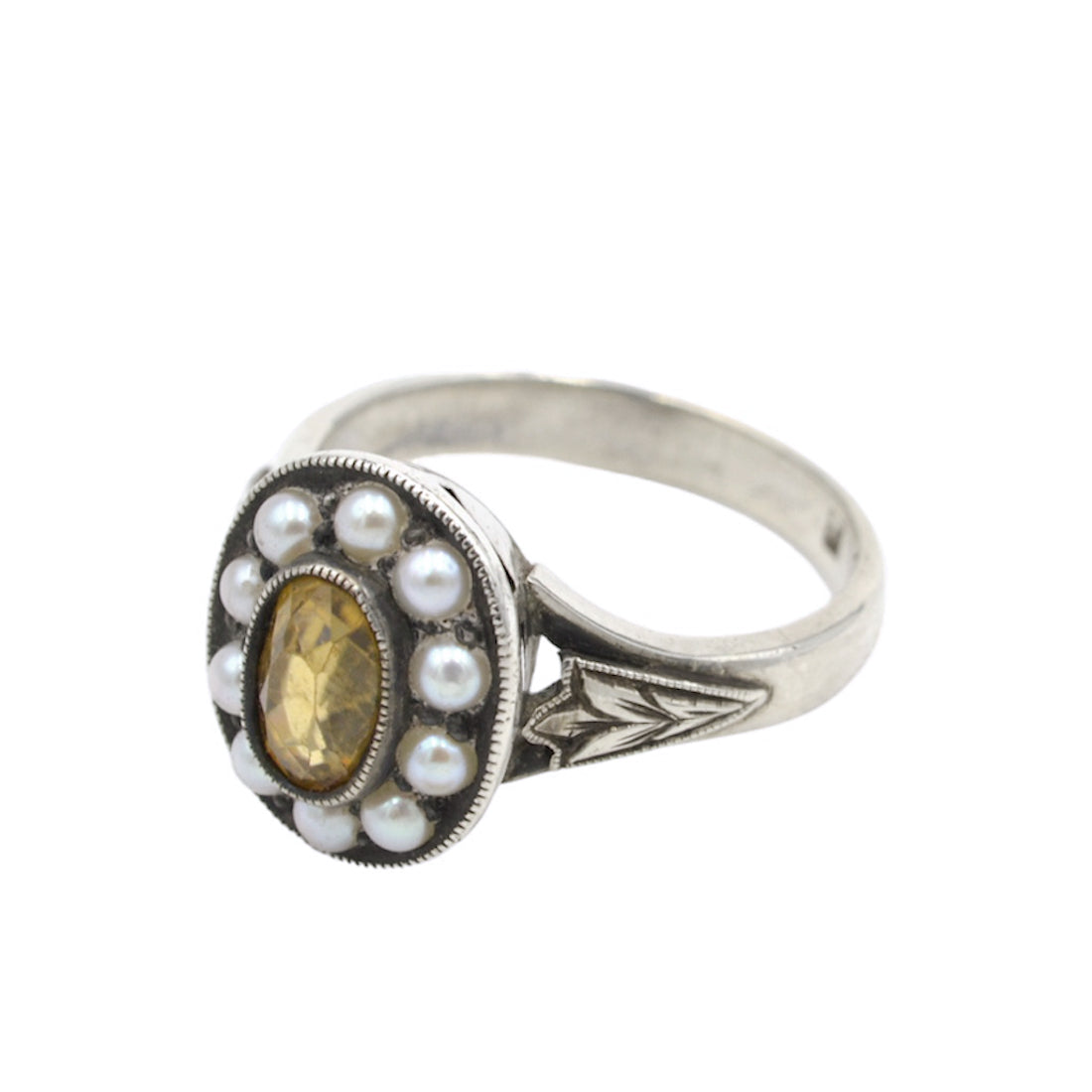 Vintage Yellow Zircon, Pearl and Silver Ring