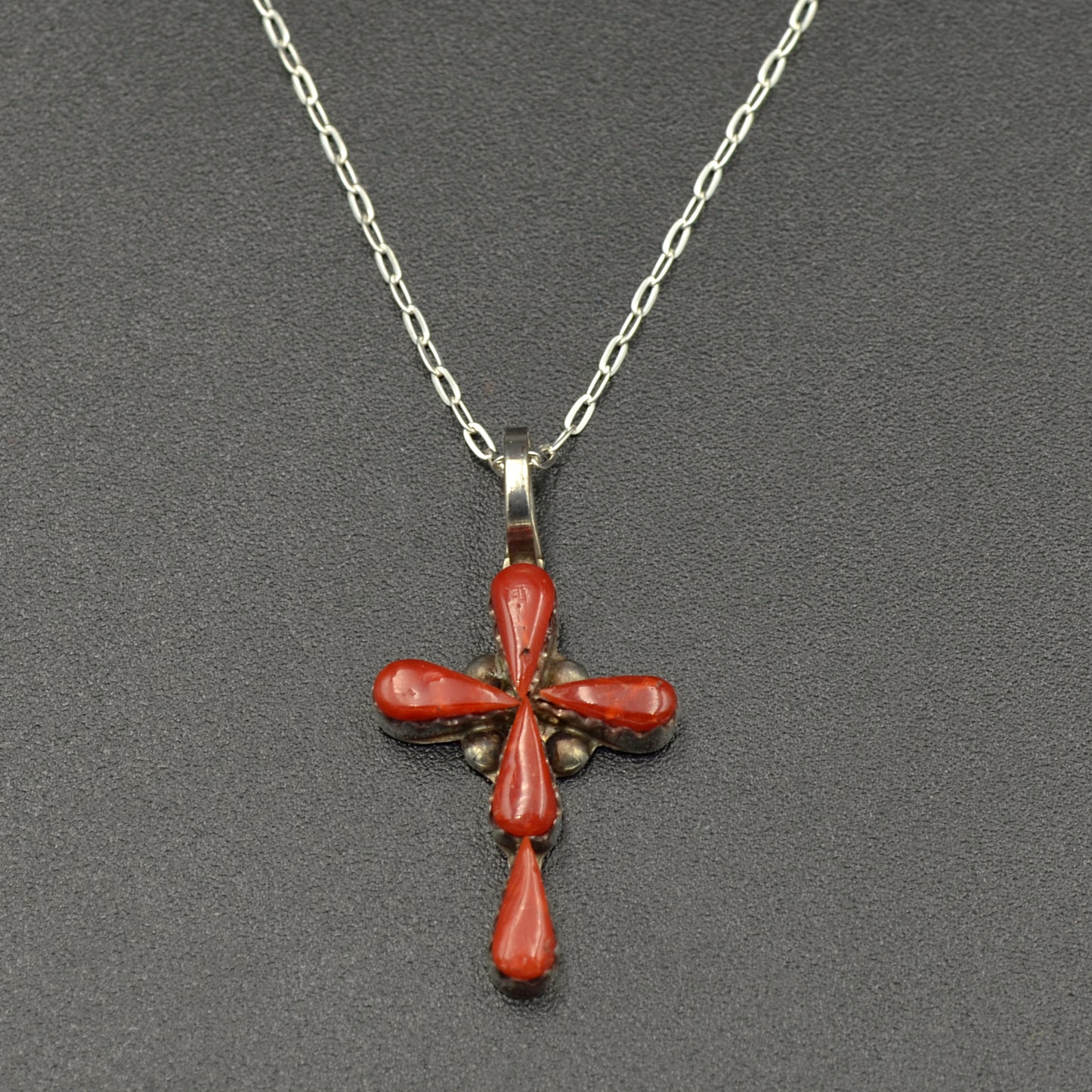 Coral Zuni Cross Pendant Necklace