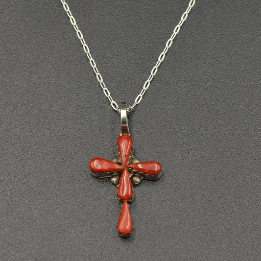 Coral Zuni Cross Pendant Necklace